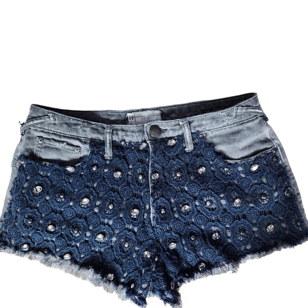 Free People Black Crochet & Jewel High Waisted Stretch Distressed Jean Shorts 30